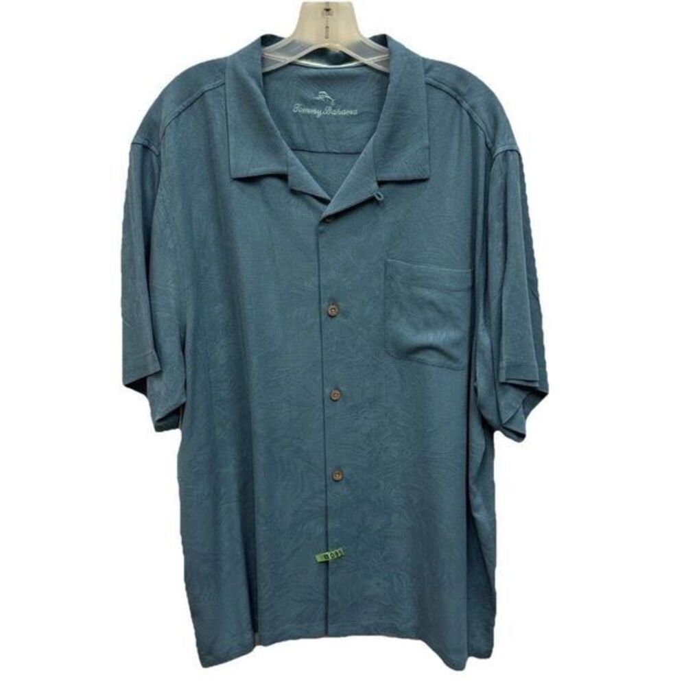 Tommy Bahama Shirt Men Teal Green Silk Camp Hawaiian Floral Jacquard XXL Pocket